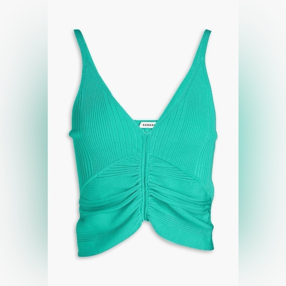 SANDRO Cropped ruched ribbed-knit top